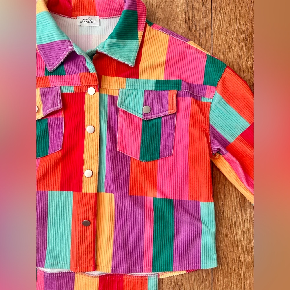 Multicolor Patchwork Corduroy Button Down Shacket… - image 4